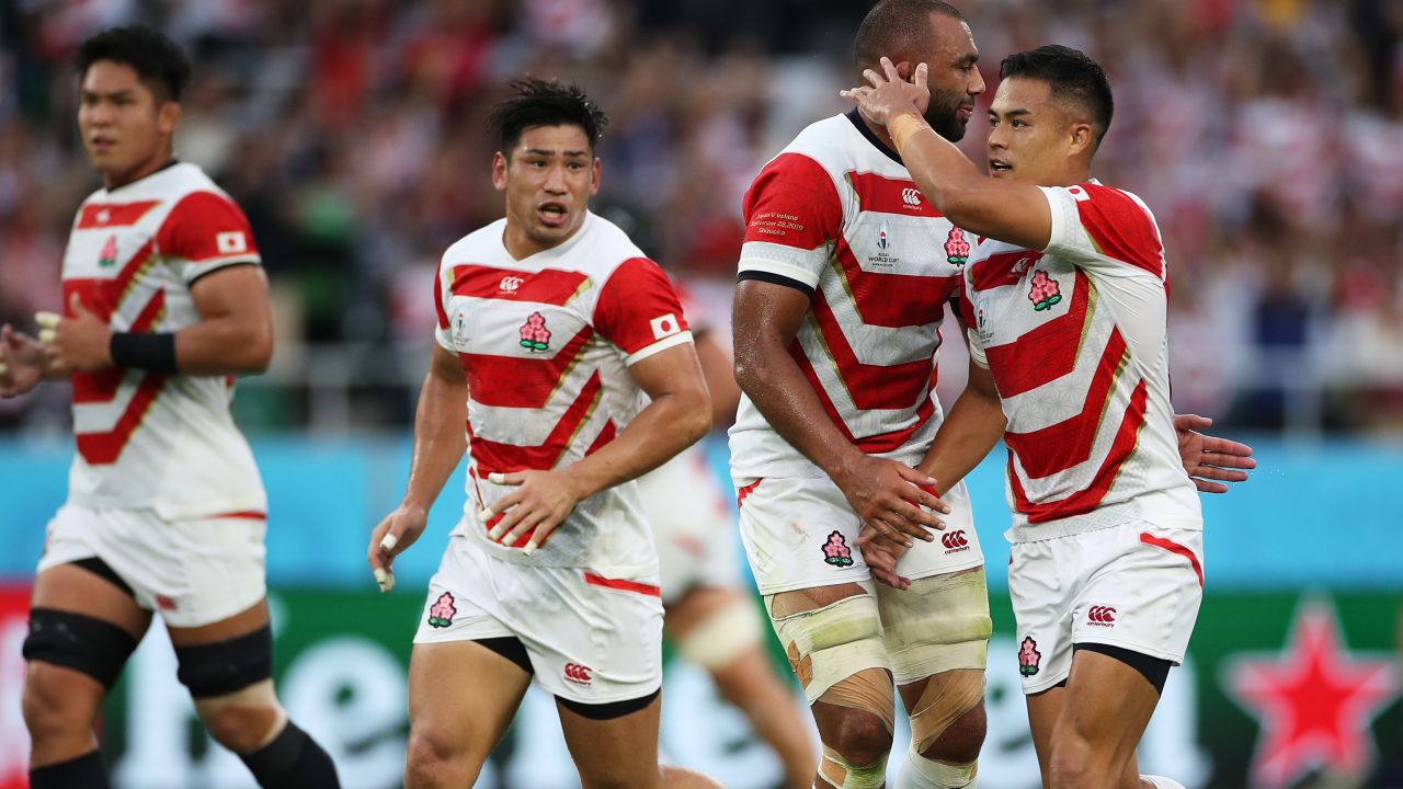 Yu Tamura of Japan celebrates scoring a penalty goal with Michael Leitch during the Rugby World Cup 2019 Group A game between Japan and Ireland at Ecopa Stadium.