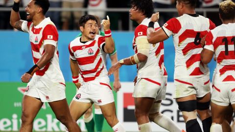 Japan players celebrate the crucial second half try by Kenki Fukuoka in the Rugby World Cup 2019 Group A match at Shizuoka Stadium.