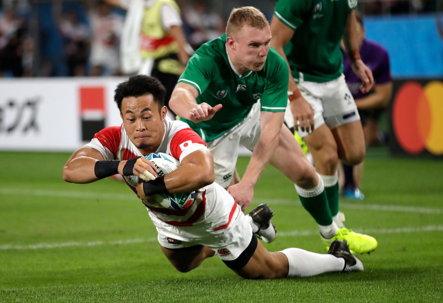 Japan's Kenki Fukuoka scores the crucial go-ahead try in his side's epic 19-12 victory over Ireland in the Rugby World Cup Pool A game in Shizuoka.