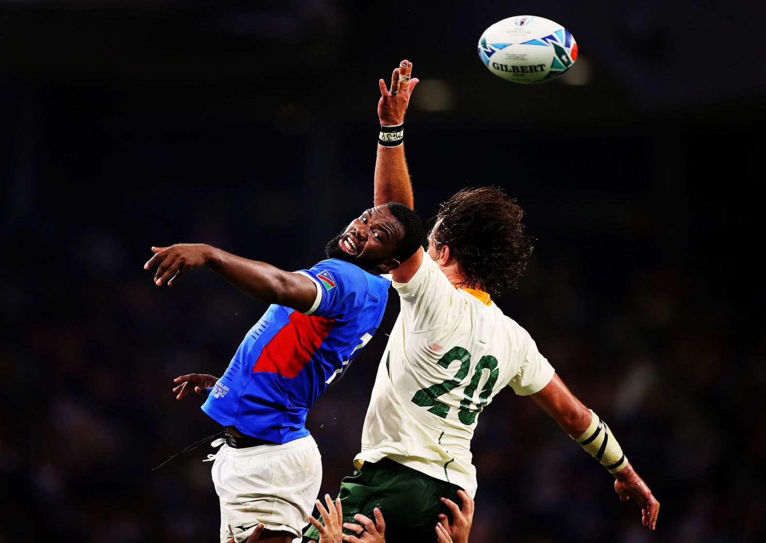 Max Katijenko of Namibia competes for a lineout with Franco Mostert of South Africa during the Rugby World Cup 2019 Group B game between South Africa and Namibia at City of Toyota Stadium.