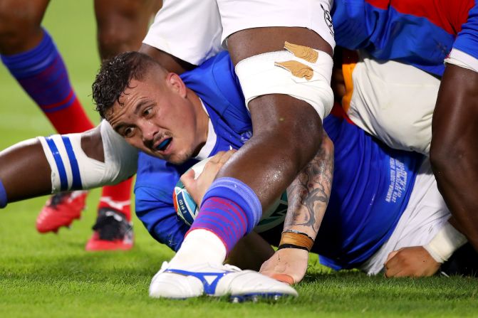 Thomasau Forbes of Namibia looks on from the ground during his side's nine-try defeat to South Africa.