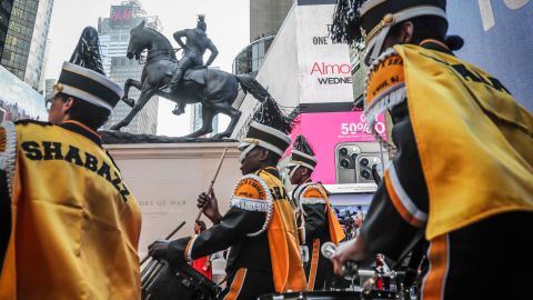 Members of the Malcom Shabazz High School marching band, from Newark, New Jersey, perform at the the unveiling of artist Kehinde Wiley's sculpture "Rumors of War."
