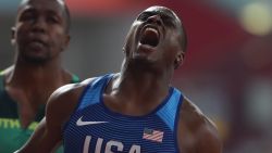 USA's Christian Coleman reacts in triumph after winning 100 meters gold at the World Athletics Championships in Qatar.