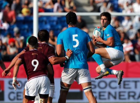 Uruguay's Santiago Arata jumps to take a ball during the Rugby World Cup Pool D game at Kumagaya Rugby Stadium between Uruguay and Georgia.