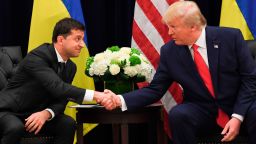US President Donald Trump and Ukrainian President Volodymyr Zelensky shake hands during a meeting in New York on September 25, 2019, on the sidelines of the United Nations General Assembly. (Photo by SAUL LOEB / AFP)        (Photo credit should read SAUL LOEB/AFP/Getty Images)