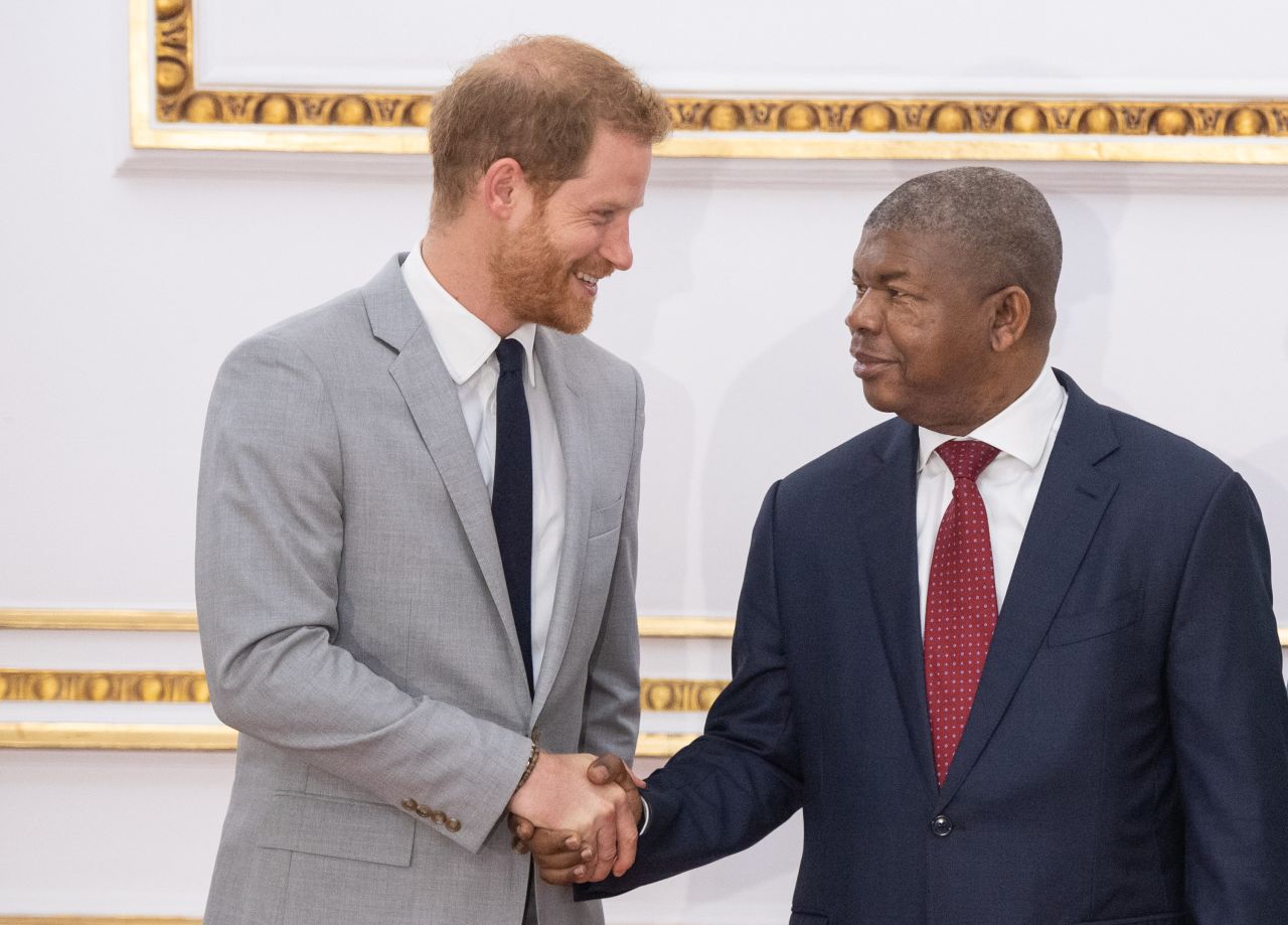 Prince Harry meets the President of Angola, Joao Lourenco, at the presidential palace in Luanda, Angola, on Saturday, September 28.