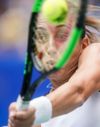 Petra Martic hits a forehand return during her WTA Wuhan Open quarterfinal match against Ashleigh Barty in Wuhan, China, on September 26.