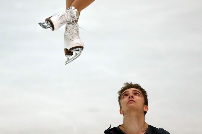 Alisa Efimova and Alexander Korovin of Russia compete during the pairs short program at the Figure Skating-ISU challenger series in Oberstdorf, Germany, on September 26.