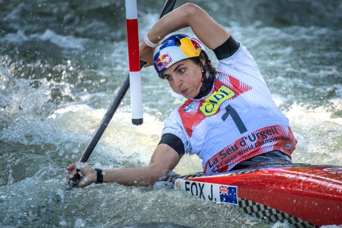 Jessica Fox of Australia competes in the women's kayak WK1 event during the ICF Canoe Slalom World Championships in La Seu D'Urgell, Spain, on September 26.