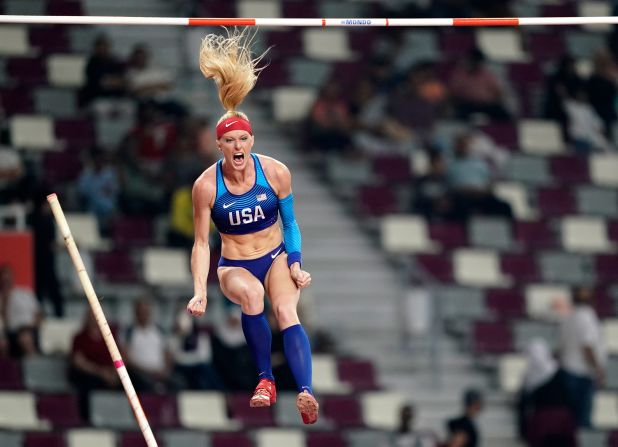 Sandi Morris celebrates mid-air during the women's pole vault final at the World Athletics Championships in Doha, Qatar, on September 29. Morris placed second in the event.