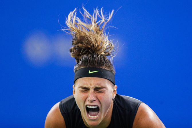 Aryna Sabalenka of Belarus celebrates victory after her semifinal match against Ashleigh Barty of Australia on day six of the Wuhan Open in Wuhan, China, on September 27.