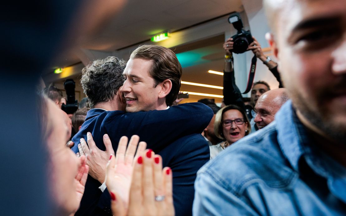 Sebastian Kurz hugs a supporter after the results were announced.