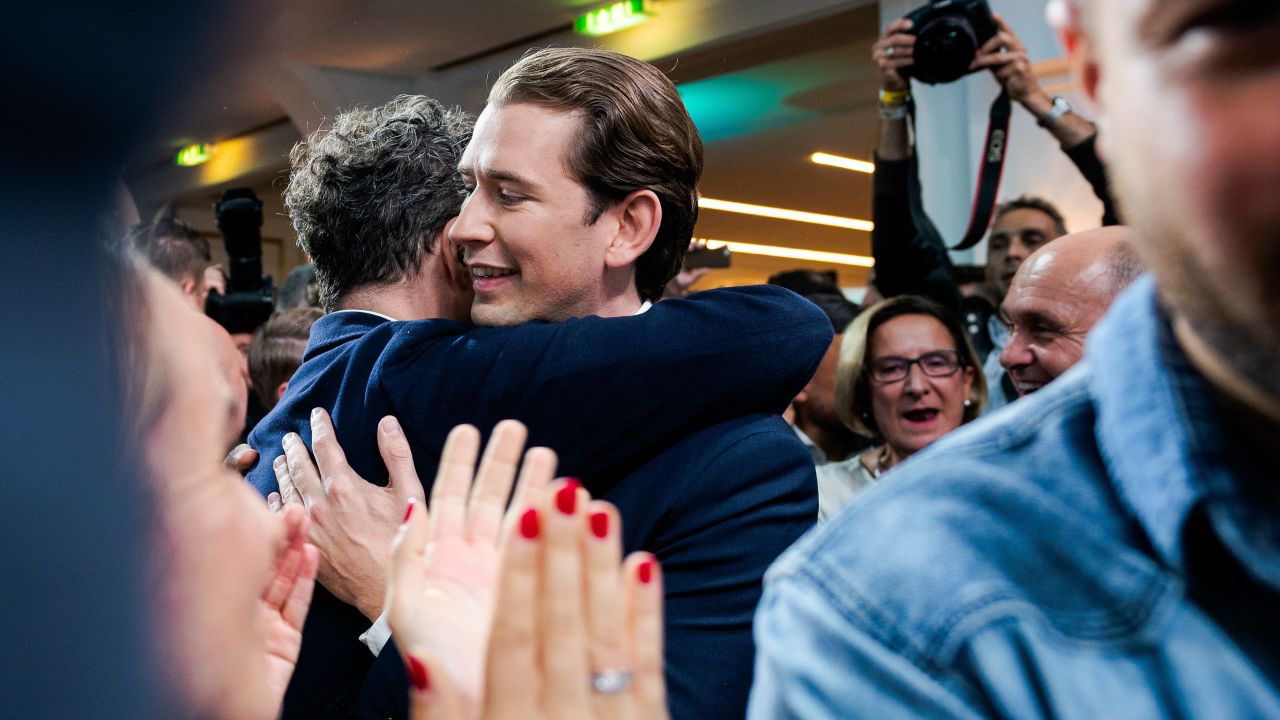 Sebastian Kurz hugs a supporter after the results were announced.