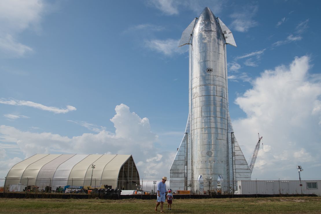  A prototype of SpaceX's Starship spacecraft is seen at the company's Texas launch facility on September 28, 2019 in Boca Chica near Brownsville, Texas
