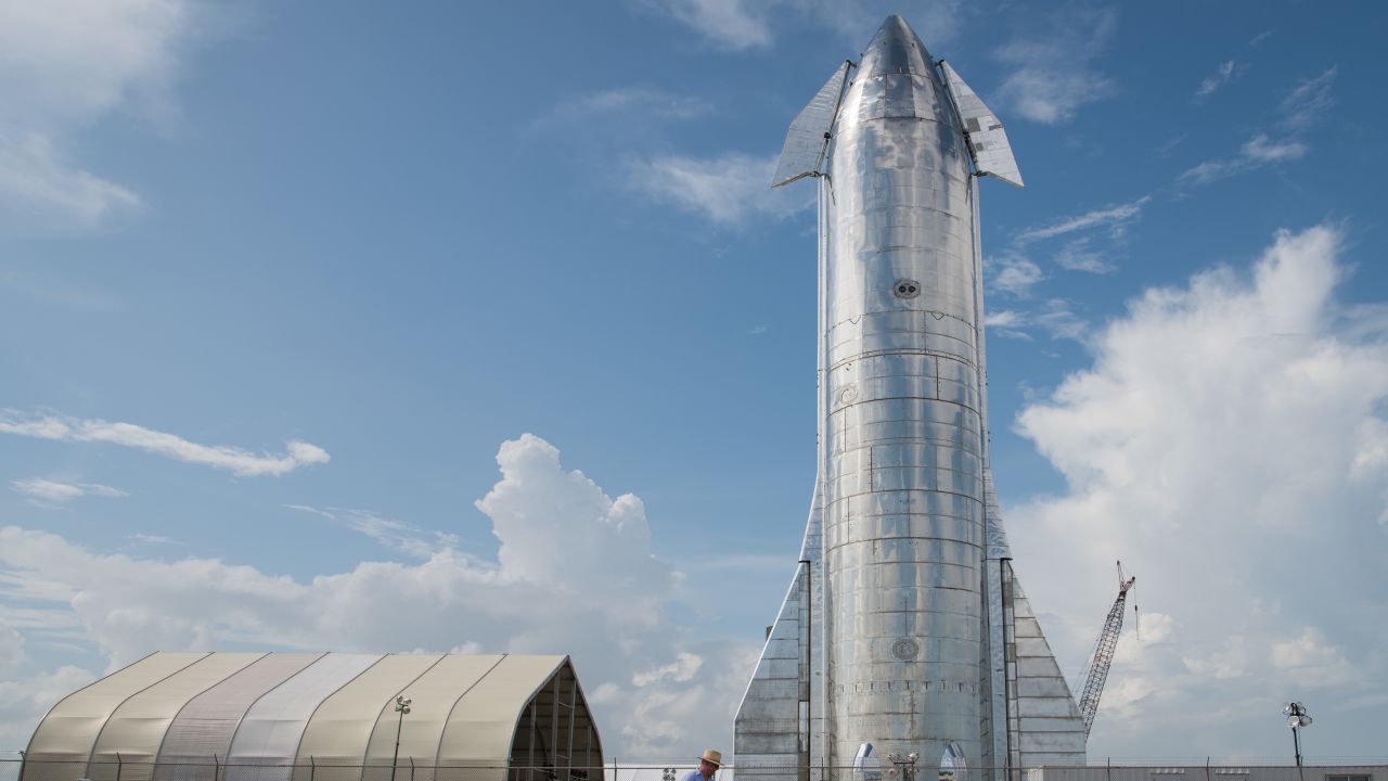  A prototype of SpaceX's Starship spacecraft is seen at the company's Texas launch facility on September 28, 2019 in Boca Chica near Brownsville, Texas
