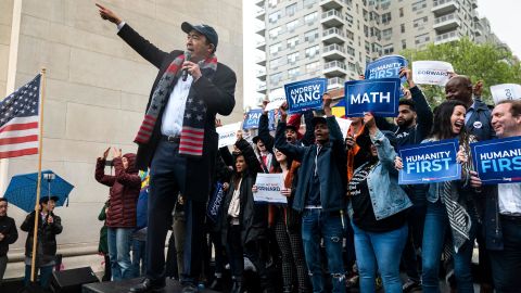 Democratic presidential candidate Andrew Yang speaks during a rally in Washington Square Park, May 14, 2019 in New York City. 