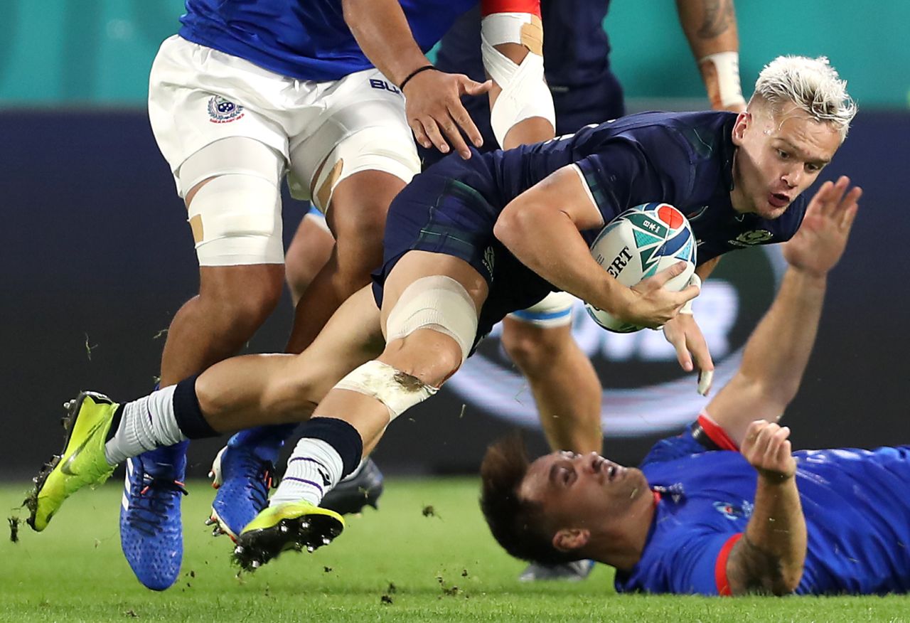 Scotland's Darcy Graham (centre) in action against Samoa as the Scots look to get their World Cup campaign back on track after a lackluster opening defeat by Ireland.