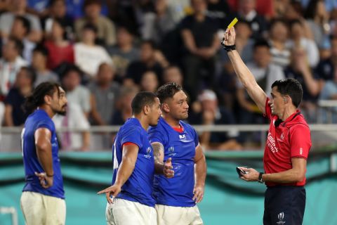 Scotland's cause is helped by a yellow card for Samoa's Ed Fidow, temporarily reducing the Pacific Islanders to 14 men. Fidow is later sent off for a second yellow card.