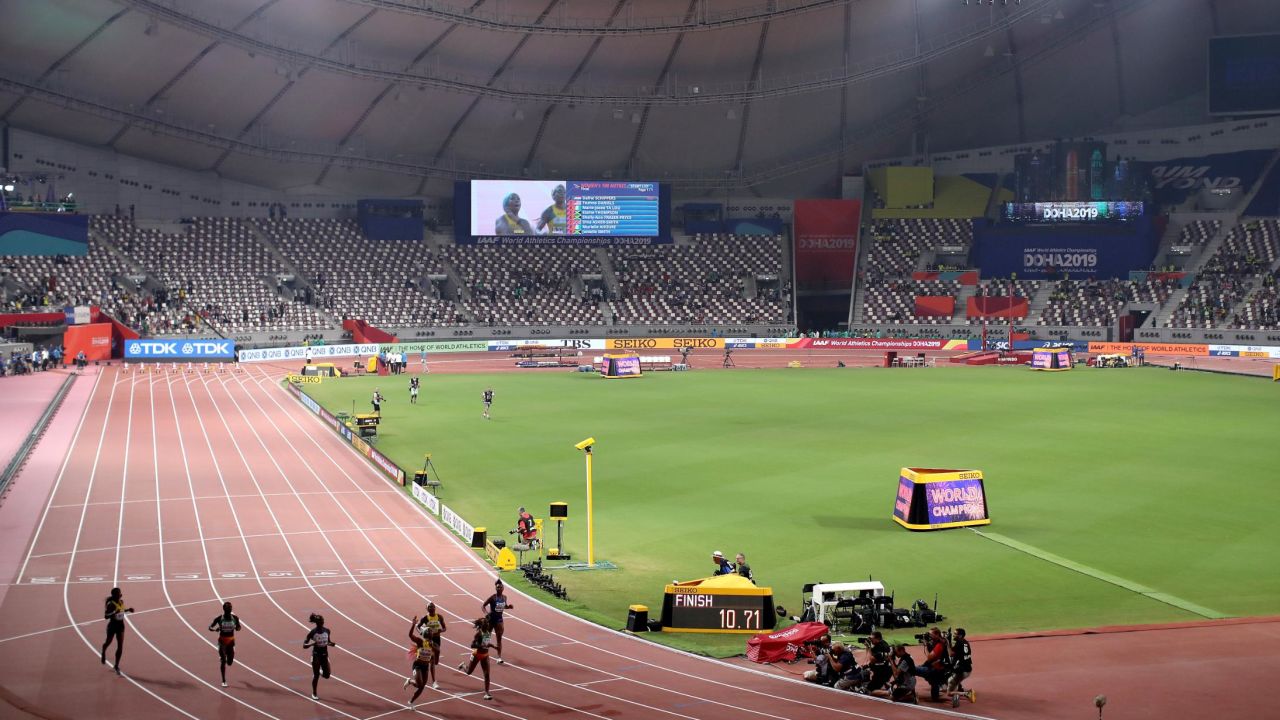 Very few people were in the stadium to watch the women's 100m final. 