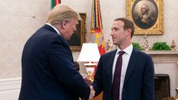 Handout photo of US President Donald Trump meeting with Facebook CEO Mark Zuckerberg on Thursday, Sept. 19, 2019, to the Oval Office of the White House.