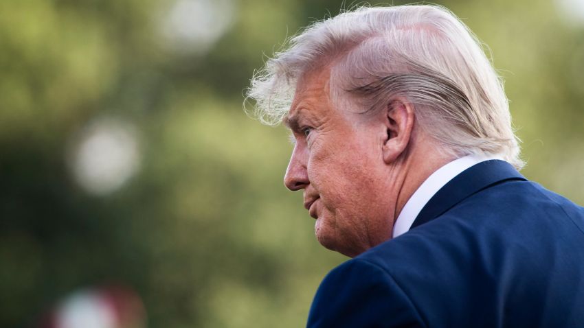 President Trump stops to talk to reporters and members of the media as he walks from the Oval Office to board Marine One on the South Lawn of the White House on Monday, September 16, 2019 in Washington, DC.