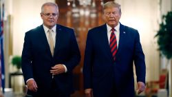 President Donald Trump walks with Australian Prime Minister Scott Morrison into the East Room of the White House for a news conference, September 20, 2019, in Washington.