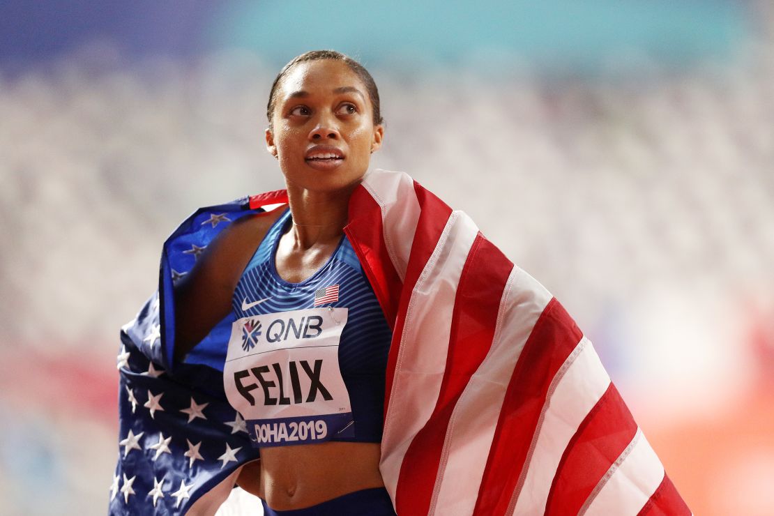 DOHA, QATAR - SEPTEMBER 29: Allyson Felix of the United States reacts after setting a new world record in the 4x400 Metres Mixed Relay during day three of 17th IAAF World Athletics Championships Doha 2019 at Khalifa International Stadium on September 29, 2019 in Doha, Qatar. (Photo by Patrick Smith/Getty Images)