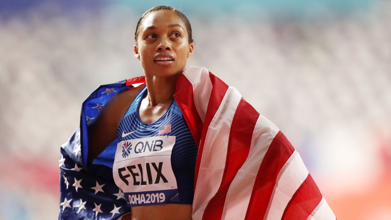 DOHA, QATAR - SEPTEMBER 29: Allyson Felix of the United States reacts after setting a new world record in the 4x400 Metres Mixed Relay during day three of 17th IAAF World Athletics Championships Doha 2019 at Khalifa International Stadium on September 29, 2019 in Doha, Qatar. (Photo by Patrick Smith/Getty Images)