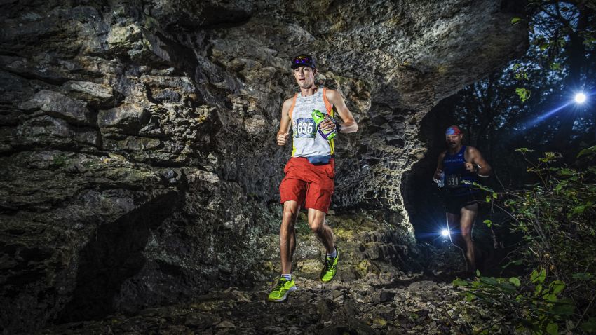 In this Sept. 28, 2019 photo provided by Mile 90 Photography shows runner Thomas Stanley, left, near the start of the FlatRock 50K on Saturday, Sept. 28, 2019 at the Elk City State Park, which is about 150 miles southwest of Kansas City, Missouri. Stanley was killed by lightning as he was about to finish the 50 kilometer (31.07 mile) race. Race organizers said in a Facebook post that Stanley was included as a finisher in the final results because, although he didn't cross the finish line, he completed the full distance. The results show he came in 11th out of 104 competitors. (Mile 90 Photography via AP)