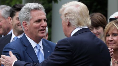 WASHINGTON, DC - MAY 04: U.S. President Donald Trump (R) greets House Majority Leader Rep. Kevin McCarthy (R-CA) (L) during a Rose Garden event May 4, 2017 at the White House in Washington, DC. The House has passed the American Health Care Act that will replace the Obama era's Affordable Healthcare Act with a vote of 217-213. (Photo by Alex Wong/Getty Images)