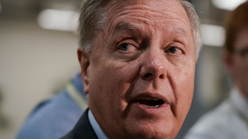 Senate Judiciary Committee Chairman Lindsey Graham, takes questions from reporters following a closed-door briefing on Iran, at the Capitol in Washington, Wednesday, September 25, 2019.