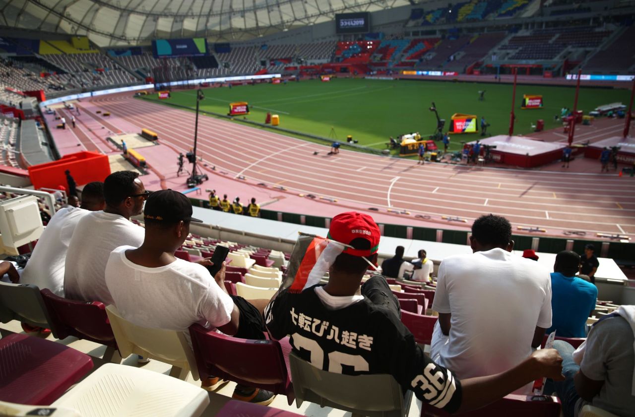 Small pockets of spectators look on during day one of World Athletics Championships in Doha 2019.