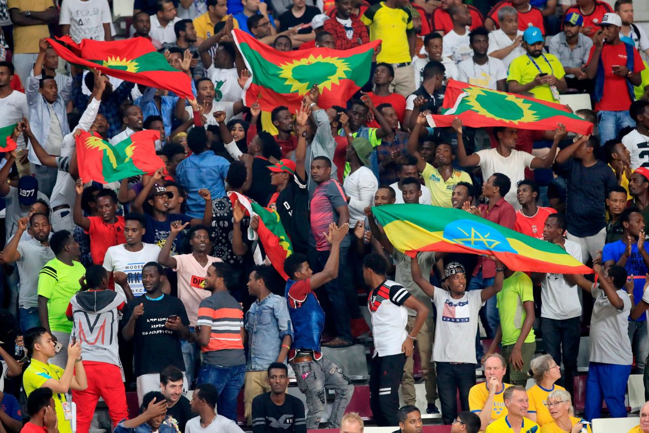 Ethiopian fans cheer on their athletes in the Khalifa International Stadium. 