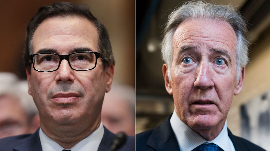 At left, Treasury Secretary Steven Mnuchin who was sent a letter from House Ways and Means Chairman Richard Neal, at right, a Massachusetts Democrat. 