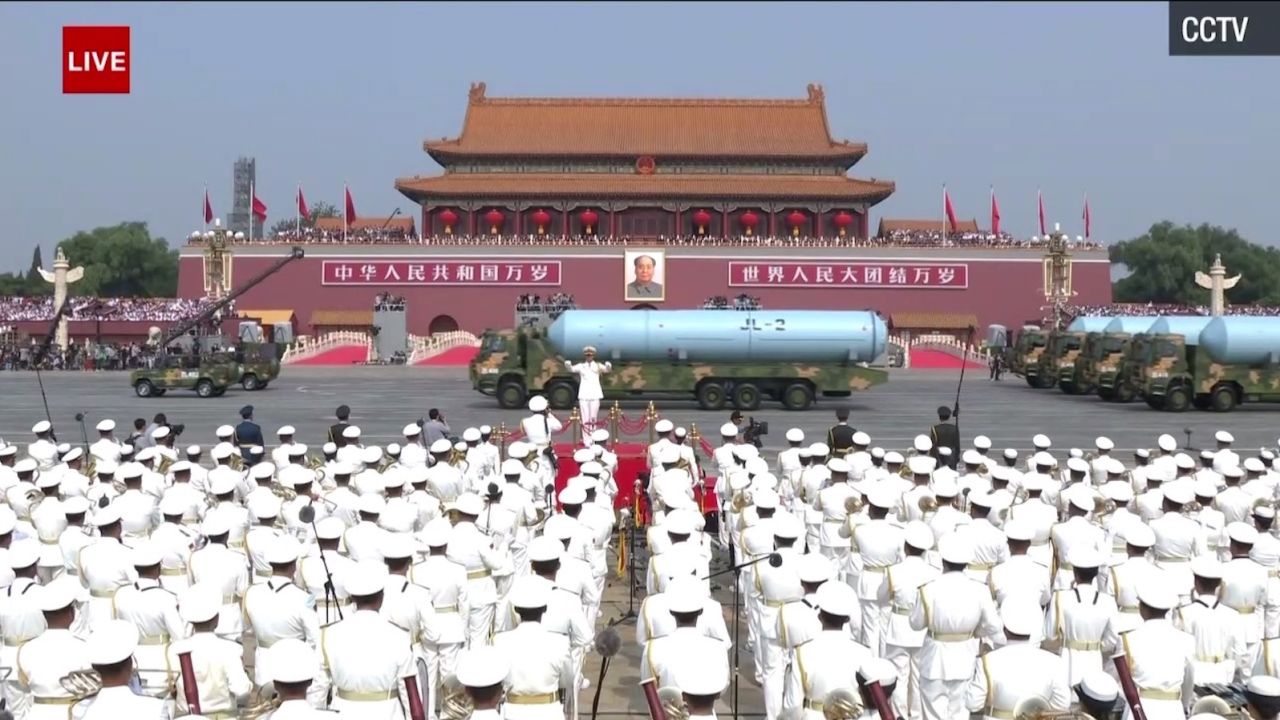 The JL-2 submarine missiles parade down Chang'an Avenue in Beijing. 