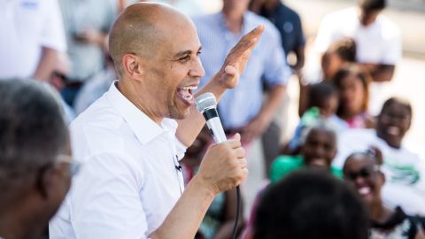 Democratic presidential candidate and Sen. Cory Booker addresses a crowd during a campaign trail block party on September 29, 2019 in Columbia, South Carolina. 