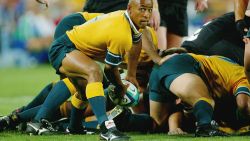 SYDNEY, AUSTRALIA - NOVEMBER 15:  George Gregan of Australia passes the ball during the Rugby World Cup Semi-Final match between Australia and New Zealand at Telstra Stadium November 15, 2003 in Sydney, Australia. (Photo by Adam Pretty/Getty Images)