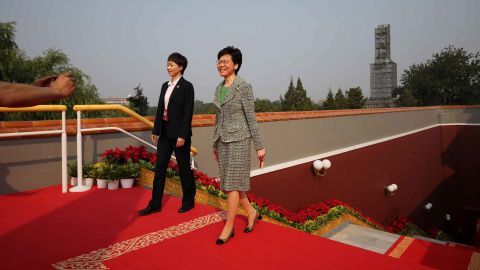 Hong Kong Chief Executive Carrie Lam arrives at the celebrations in Beijing.