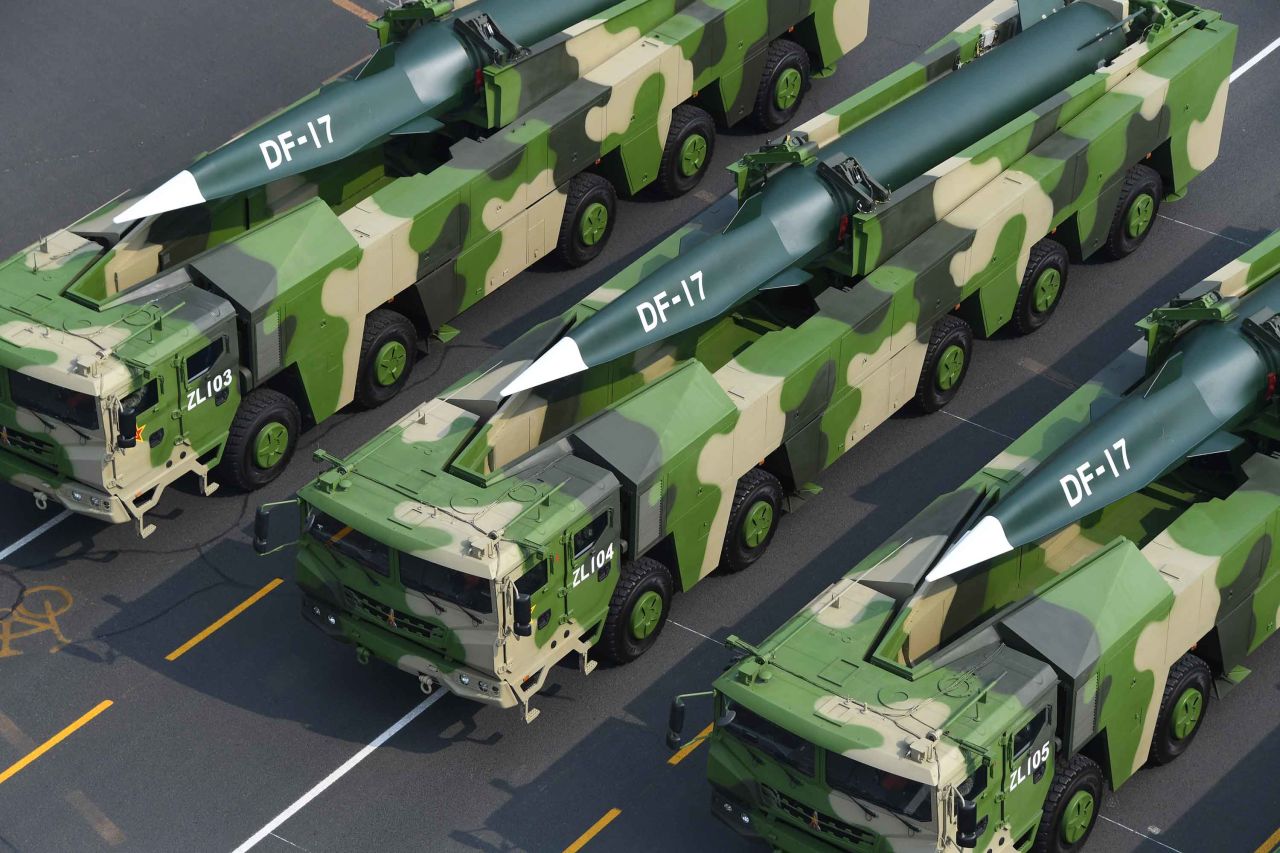 A formation of Dongfeng-17 conventional missiles are featured during the military parade in Beijing.