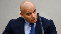Dallas Police Officer Martin Rivera, who was the police partner of defendant Amber Guyger, testifies on the witness stand as he's questioned by Assistant District Attorney Jason Hermus, Monday, September 23, 2019, in Dallas. 