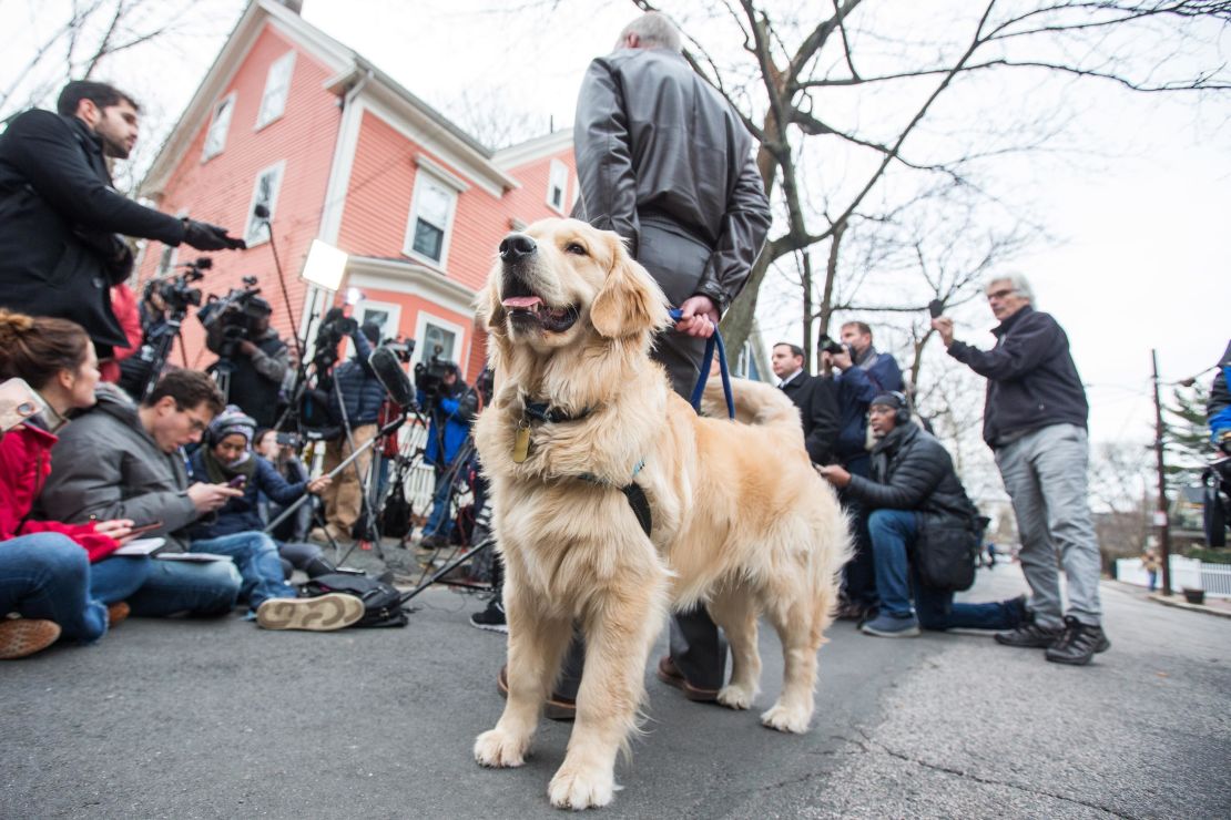 Sen. Elizabeth Warren's dog Bailey stands with her husband Bruce Mann as Warren addresses the media outside of her home after announcing she formed an exploratory committee for a 2020 Presidential run on December 31, 2018 in Cambridge, Massachusetts. 