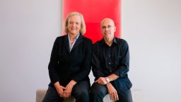 LOS ANGELES, CA - August 21: Quibi founder Jeffrey Katzenberg and CEO Meg Whitman at the Quibi headquarters in front of an art piece by Los Angeles artist Kevin Fey in Hollywood on Wednesday, August 21, 2019.

Photo by David Walter Banks