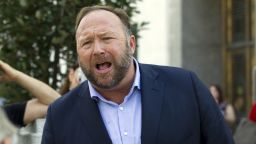 FILE- In this Sept. 5, 2018, file photo conspiracy theorist Alex Jones speaks outside of the Dirksen building of Capitol Hill in Washington.  Connecticut's highest court is set to hear arguments on whether Jones was wrongly penalized for an outburst on his internet show against a lawyer for relatives of Sandy Hook Elementary School shooting victims. The state Supreme Court hearing is scheduled for Thursday, Sept. 26, 2019.  Relatives of eight of 20 children and six educators killed in the 2012 shooting in Newtown are suing Jones, his Infowars show and others for defamation for promoting a theory that the shooting was a hoax. (AP Photo/Jose Luis Magana, File)