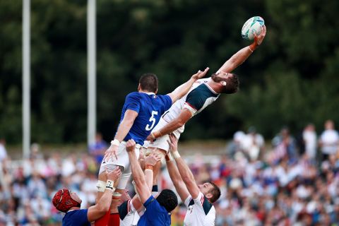 Nick Civetta of the United States stretches for the ball at a lineout with France's Paul Gabrillagues. The big second row has featured in both of the USA's defeats at the Rugby World Cup. 