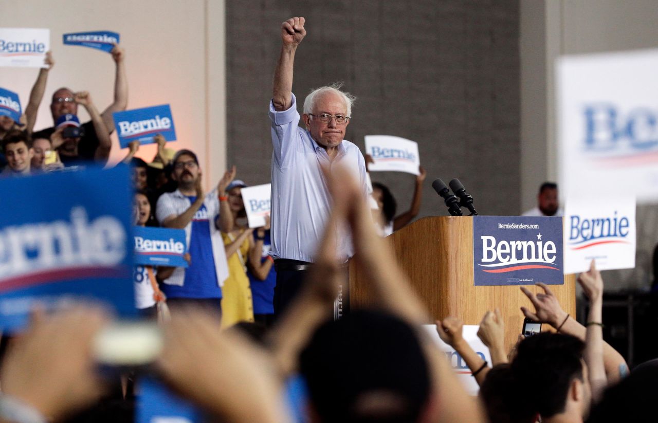 Sanders raises his fist as he holds a rally in Santa Monica, California, in July 2019.