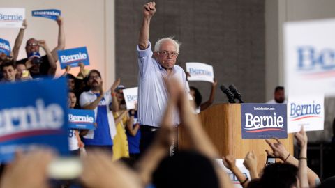 Democratic presidential candidate Sen. Bernie Sanders of Vermont raises his fist as he holds a rally at Santa Monica High School Memorial Greek Amphitheater in Santa Monica, California, July 26, 2019.