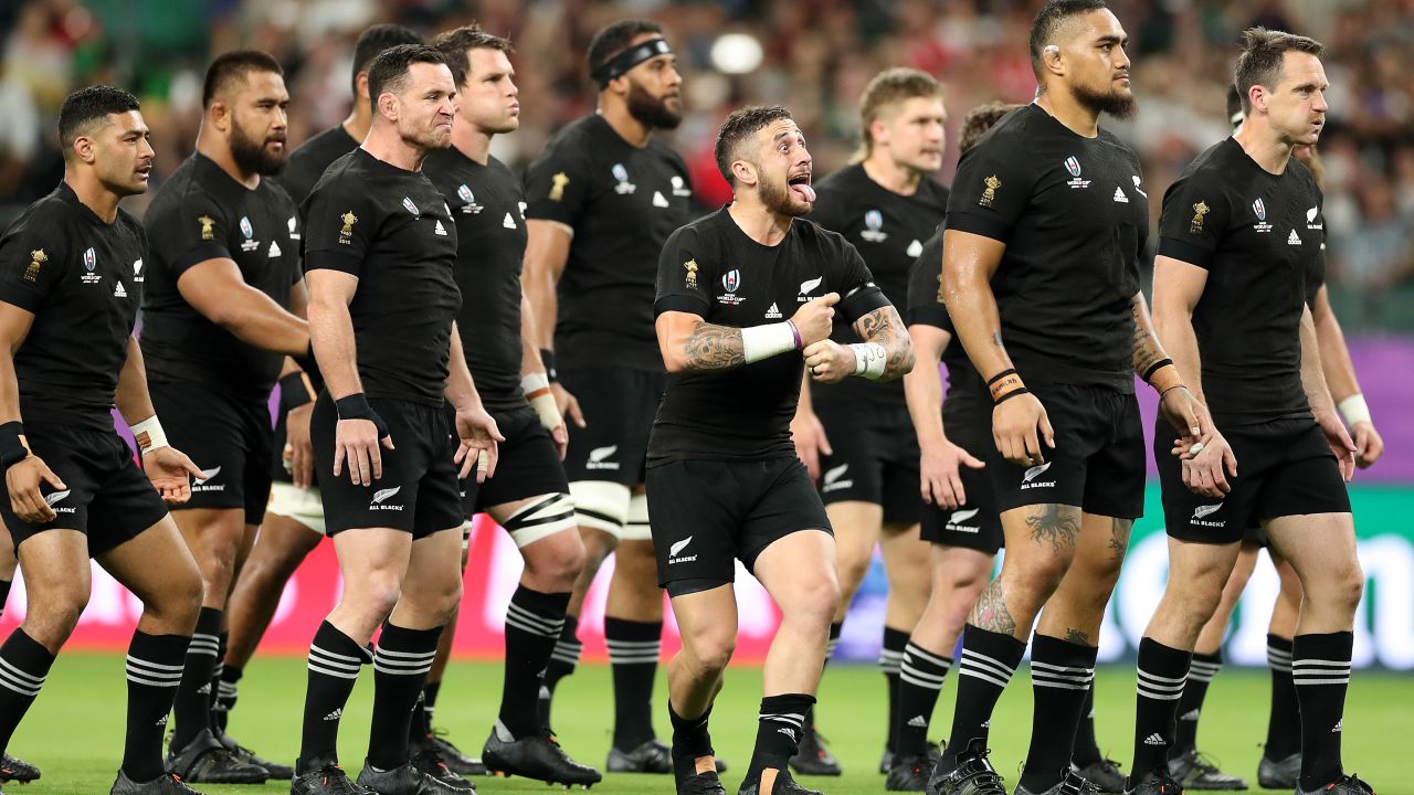 TJ Perenara of New Zealand leads the Haka before the game between New Zealand and Canada.