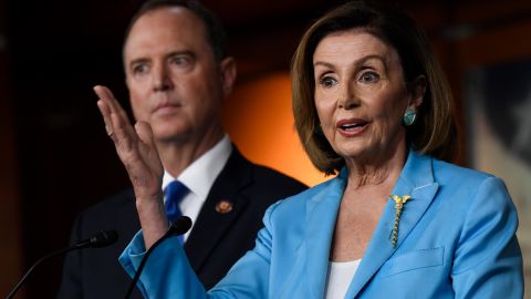 House Speaker Nancy Pelosi, joined by House Intelligence Committee Chairman Rep. Adam Schiff, speaks during a news conference on Capitol Hill in Washington, October 2.