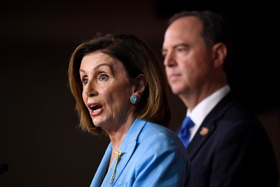House Speaker Nancy Pelosi, joined by House Intelligence Committee Chairman Rep. Adam Schiff, speaks during a news conference on Capitol Hill in Washington, October 2.