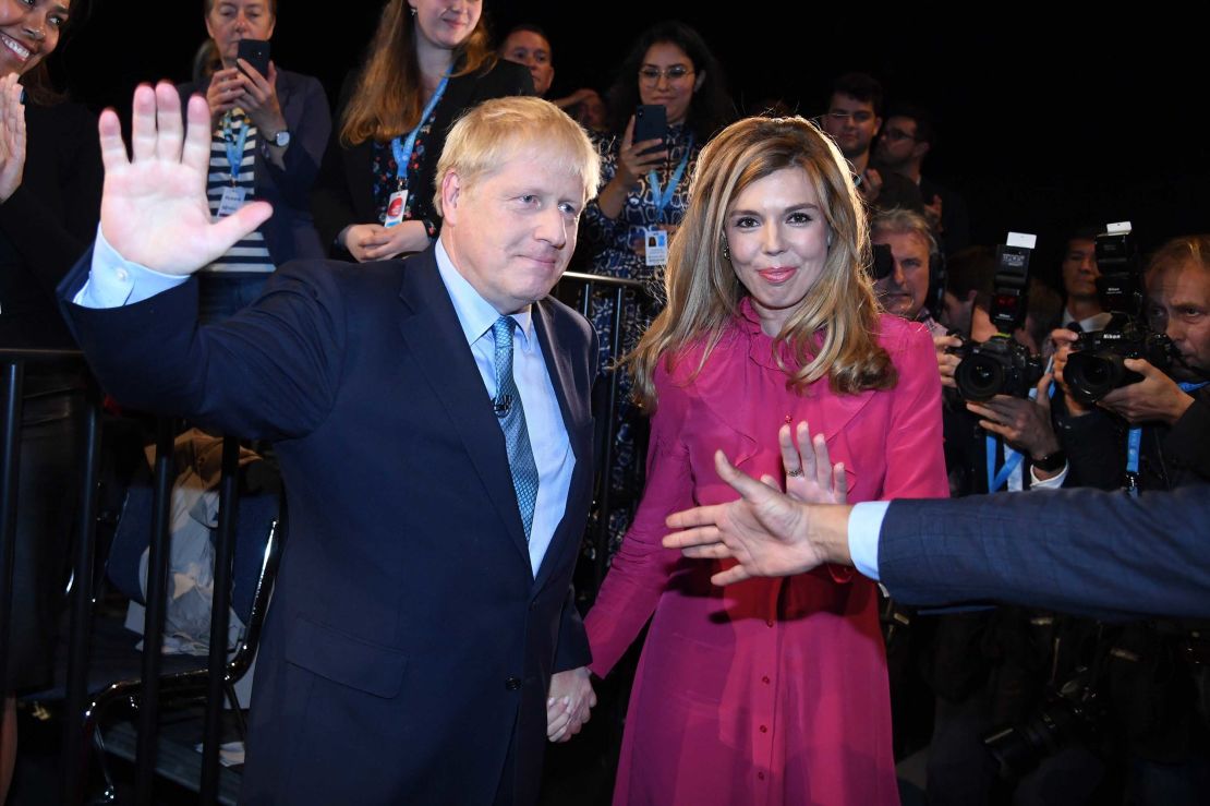 Prime Minister Boris Johnson with Carrie Symonds following his keynote speech at the October 2019 Conservative Party Conference in Manchester, England. 
